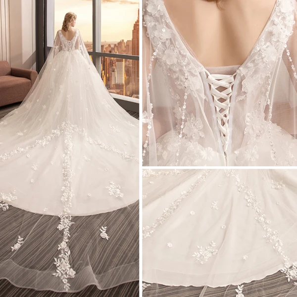 Charmant Ivoire Transparentes Robe De Mariée 2019 Robe Boule V-Cou Sans Manches Dos Nu Appliques En Dentelle Fleur Perle Perlage Watteau Train Volants