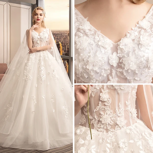 Charmant Ivoire Transparentes Robe De Mariée 2019 Robe Boule V-Cou Sans Manches Dos Nu Appliques En Dentelle Fleur Perle Perlage Watteau Train Volants
