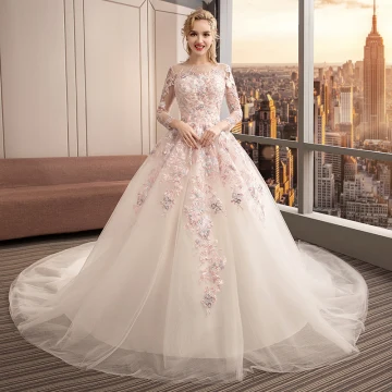 Colored Ivory See Through Wedding Dresses 2019 Ball Gown Scoop Neck Long Sleeve Backless Appliques Lace Pearl Cathedral Train Ruffle