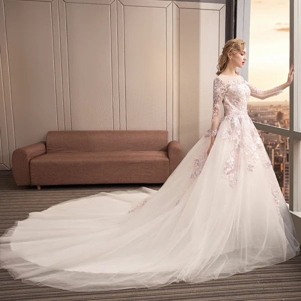 Colored Ivory See-through Wedding Dresses 2019 Ball Gown Scoop Neck Long Sleeve Backless Appliques Lace Pearl Cathedral Train Ruffle