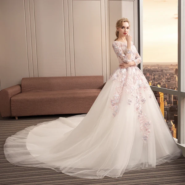 Colored Ivory See-through Wedding Dresses 2019 Ball Gown Scoop Neck Long Sleeve Backless Appliques Lace Pearl Cathedral Train Ruffle