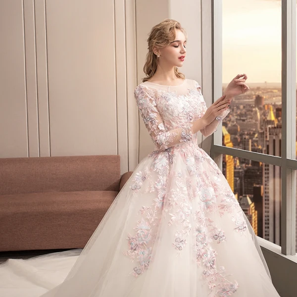 Colored Ivory See-through Wedding Dresses 2019 Ball Gown Scoop Neck Long Sleeve Backless Appliques Lace Pearl Cathedral Train Ruffle