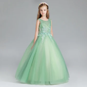 Élégant Vert Cendré Robe Ceremonie Fille 2017 Robe Boule Encolure Dégagée Sans Manches Appliques Fleur Perle Faux Diamant Longue Volants Percé Robe Pour Mariage