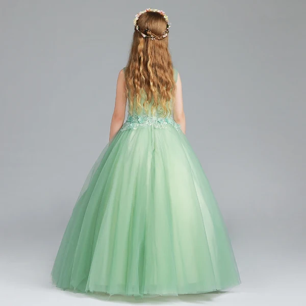 Elegant Sage Green Flower Girl Dresses 2017 Ball Gown Scoop Neck Sleeveless Appliques Flower Pearl Rhinestone Floor-Length / Long Ruffle Pierced Wedding Party Dresses
