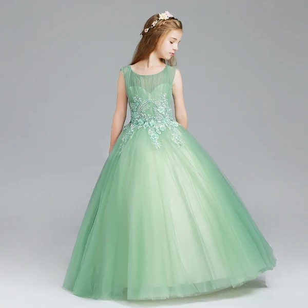 Elegant Sage Green Flower Girl Dresses 2017 Ball Gown Scoop Neck Sleeveless Appliques Flower Pearl Rhinestone Floor-Length / Long Ruffle Pierced Wedding Party Dresses