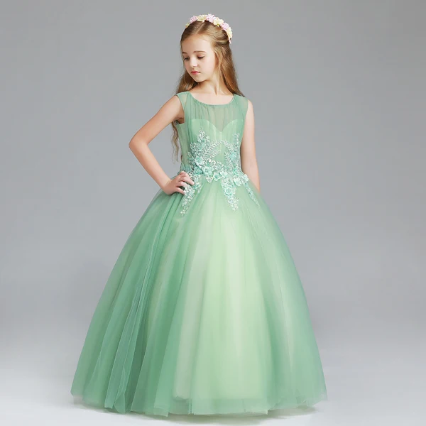 Elegant Sage Green Flower Girl Dresses 2017 Ball Gown Scoop Neck Sleeveless Appliques Flower Pearl Rhinestone Floor-Length / Long Ruffle Pierced Wedding Party Dresses