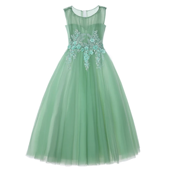 Elegant Sage Green Flower Girl Dresses 2017 Ball Gown Scoop Neck Sleeveless Appliques Flower Pearl Rhinestone Floor-Length / Long Ruffle Pierced Wedding Party Dresses