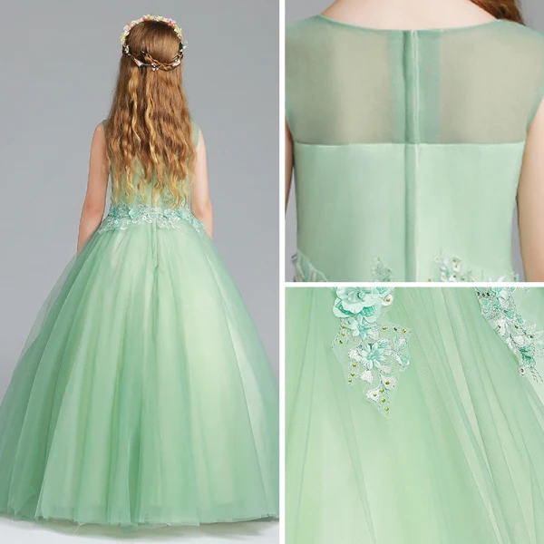 Elegant Sage Green Flower Girl Dresses 2017 Ball Gown Scoop Neck Sleeveless Appliques Flower Pearl Rhinestone Floor-Length / Long Ruffle Pierced Wedding Party Dresses