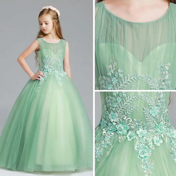Elegant Sage Green Flower Girl Dresses 2017 Ball Gown Scoop Neck Sleeveless Appliques Flower Pearl Rhinestone Floor-Length / Long Ruffle Pierced Wedding Party Dresses