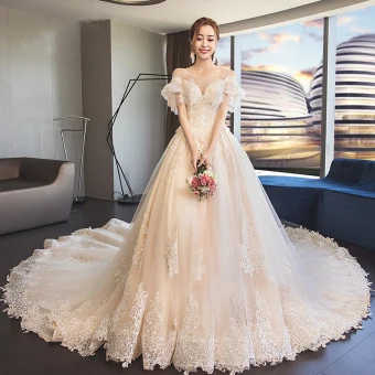 Chic Champagne Transparentes Robe De Mariée 2019 Princesse Encolure Dégagée Gonflée Manches Courtes Dos Nu Appliques En Dentelle Cathedral Train Volants