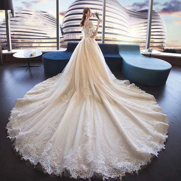 Edles Champagner Durchsichtige Brautkleider / Hochzeitskleider 2019 A Linie Rundhalsausschnitt Geschwollenes Kurze Ärmel Rückenfreies Applikationen Spitze Kathedrale Schleppe Rüschen