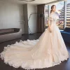 Classy Champagne See-through Wedding Dresses 2019 A-Line / Princess Scoop Neck Puffy Short Sleeve Backless Appliques Lace Cathedral Train Ruffle