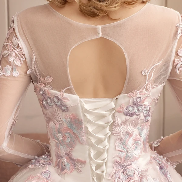 Colored Ivory See-through Wedding Dresses 2019 Ball Gown Scoop Neck Long Sleeve Backless Appliques Lace Pearl Cathedral Train Ruffle