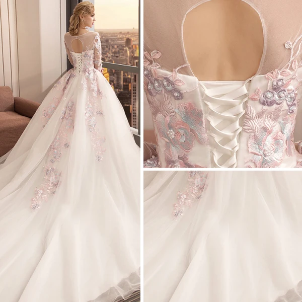 Colored Ivory See-through Wedding Dresses 2019 Ball Gown Scoop Neck Long Sleeve Backless Appliques Lace Pearl Cathedral Train Ruffle