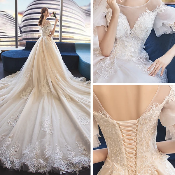 Edles Champagner Durchsichtige Brautkleider / Hochzeitskleider 2019 A Linie Rundhalsausschnitt Geschwollenes Kurze Ärmel Rückenfreies Applikationen Spitze Kathedrale Schleppe Rüschen