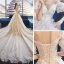 Edles Champagner Durchsichtige Brautkleider / Hochzeitskleider 2019 A Linie Rundhalsausschnitt Geschwollenes Kurze Ärmel Rückenfreies Applikationen Spitze Kathedrale Schleppe Rüschen