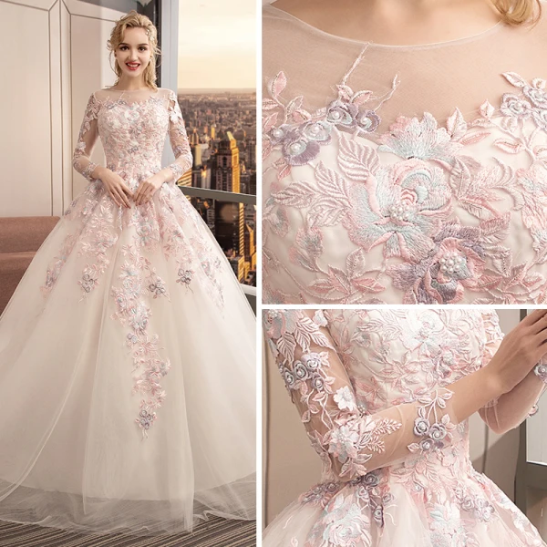 Colored Ivory See-through Wedding Dresses 2019 Ball Gown Scoop Neck Long Sleeve Backless Appliques Lace Pearl Cathedral Train Ruffle