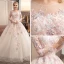 Colored Ivory See-through Wedding Dresses 2019 Ball Gown Scoop Neck Long Sleeve Backless Appliques Lace Pearl Cathedral Train Ruffle