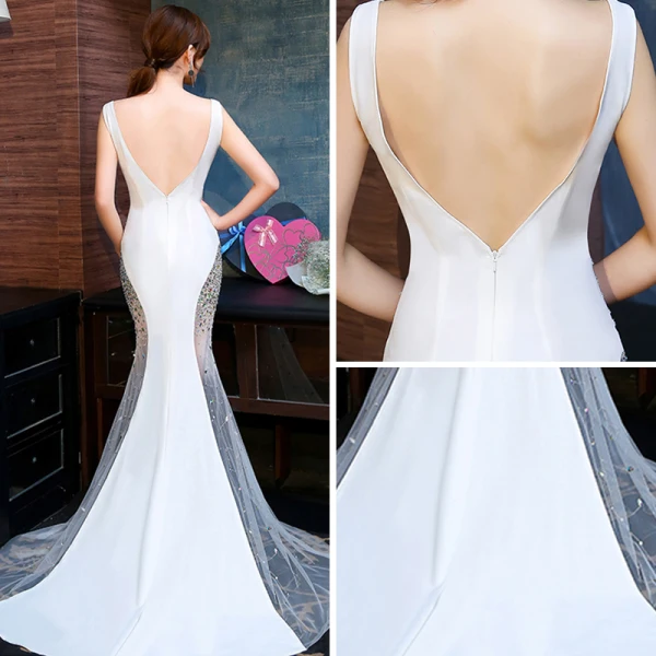 Sexy Ivoire Transparentes Robe De Soirée 2019 Trompette / Sirène V-Cou Sans Manches Faux Diamant Tribunal Train Volants Dos Nu Robe De Ceremonie