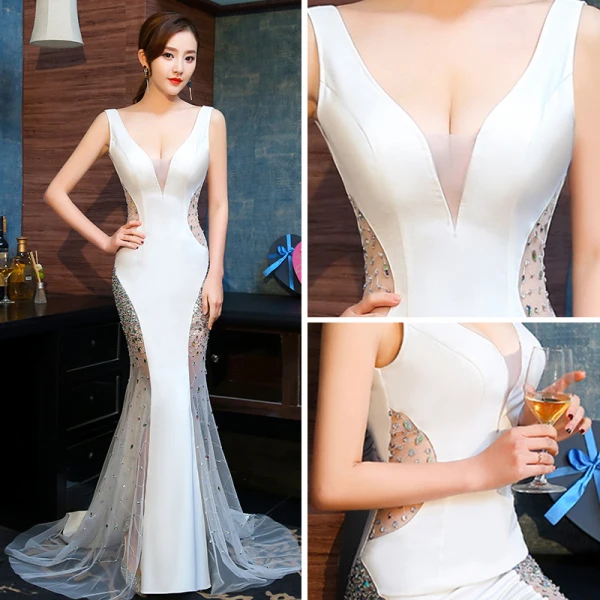 Sexy Ivoire Transparentes Robe De Soirée 2019 Trompette / Sirène V-Cou Sans Manches Faux Diamant Tribunal Train Volants Dos Nu Robe De Ceremonie