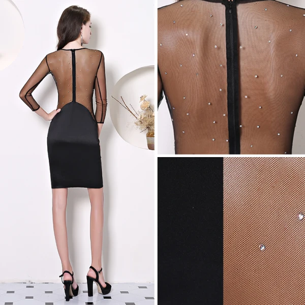 Unique Noire Transparentes Robe De Soirée 2019 Encolure Dégagée 3/4 Manches Forme de coeur Faux Diamant Courte Robe De Ceremonie