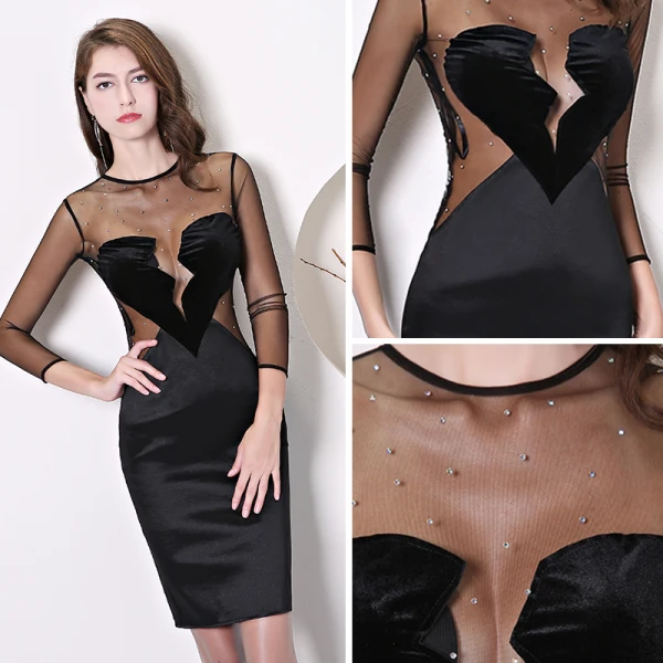 Unique Noire Transparentes Robe De Soirée 2019 Encolure Dégagée 3/4 Manches Forme de coeur Faux Diamant Courte Robe De Ceremonie
