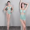 Sexy Jade Verde Transparentes Playa Vestidos de noche 2019 Trumpet / Mermaid Scoop Escote Sin Mangas Apliques Con Encaje Delante De Split La altura del tobillo Vestidos Formales