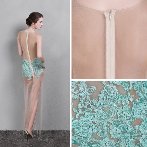 Sexy Vert Jade Transparentes Plage Robe De Soirée 2019 Trompette / Sirène Encolure Dégagée Sans Manches Appliques En Dentelle Fendue devant Longueur Cheville Robe De Ceremonie