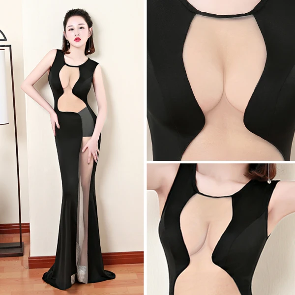 Sexy Schwarz Durchsichtige Abendkleider 2019 Meerjungfrau Rundhalsausschnitt Ärmellos Sweep / Pinsel Zug Festliche Kleider