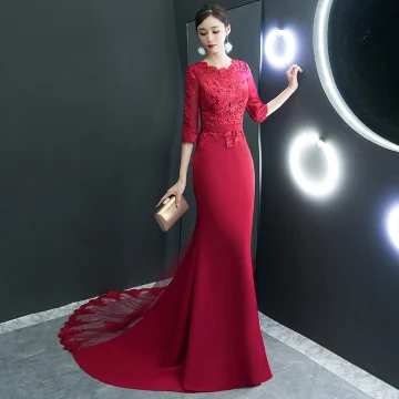Affordable Red Evening Dresses 2019 Trumpet Mermaid Scoop Neck 1 2 Sleeves Sash Appliques Lace Court Train Ruffle Formal Dresses