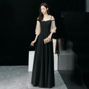 Élégant Noire Robe De Soirée 2019 Princesse Bretelles Spaghetti Gonflée 3 4 Manches Longue Volants Dos Nu Robe De Ceremonie