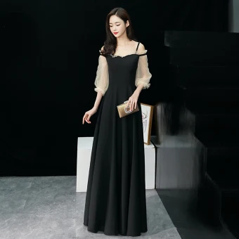 Élégant Noire Robe De Soirée 2019 Princesse Bretelles Spaghetti Gonflée 3 4 Manches Longue Volants Dos Nu Robe De Ceremonie