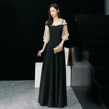Élégant Noire Robe De Soirée 2019 Princesse Bretelles Spaghetti Gonflée 3 4 Manches Longue Volants Dos Nu Robe De Ceremonie