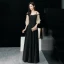 Élégant Noire Robe De Soirée 2019 Princesse Bretelles Spaghetti Gonflée 3/4 Manches Longue Volants Dos Nu Robe De Ceremonie