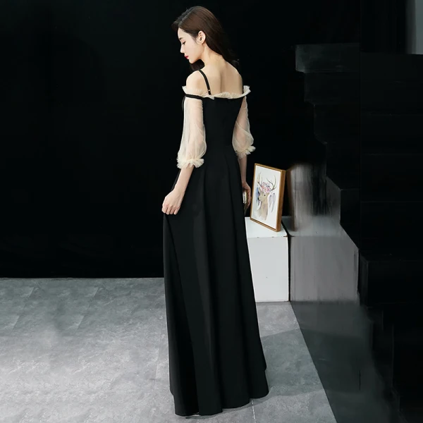 Élégant Noire Robe De Soirée 2019 Princesse Bretelles Spaghetti Gonflée 3/4 Manches Longue Volants Dos Nu Robe De Ceremonie