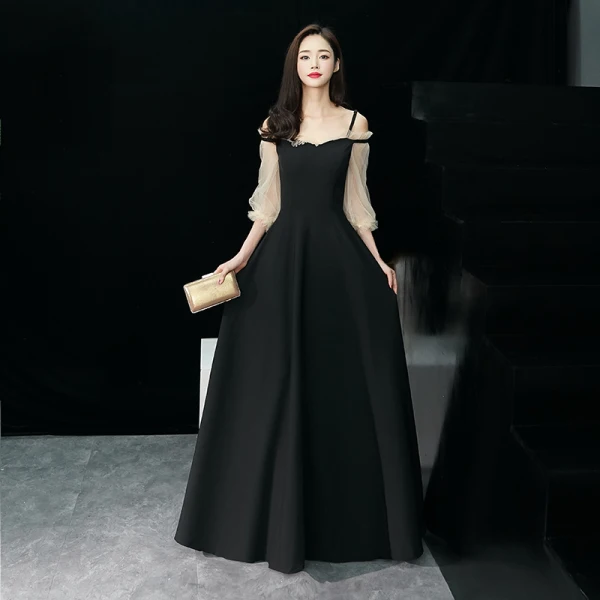 Élégant Noire Robe De Soirée 2019 Princesse Bretelles Spaghetti Gonflée 3/4 Manches Longue Volants Dos Nu Robe De Ceremonie