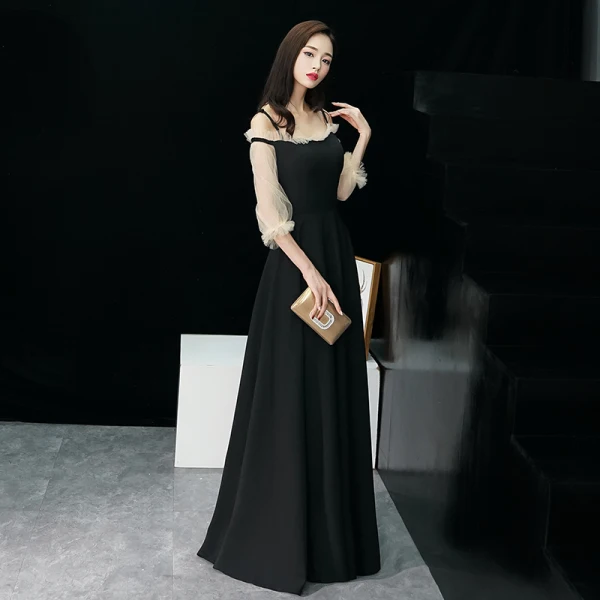 Élégant Noire Robe De Soirée 2019 Princesse Bretelles Spaghetti Gonflée 3/4 Manches Longue Volants Dos Nu Robe De Ceremonie
