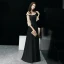 Élégant Noire Robe De Soirée 2019 Princesse Bretelles Spaghetti Gonflée 3/4 Manches Longue Volants Dos Nu Robe De Ceremonie
