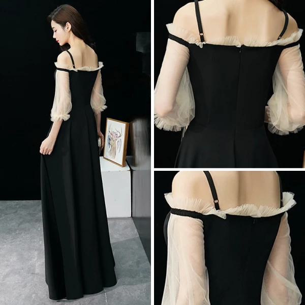 Élégant Noire Robe De Soirée 2019 Princesse Bretelles Spaghetti Gonflée 3/4 Manches Longue Volants Dos Nu Robe De Ceremonie