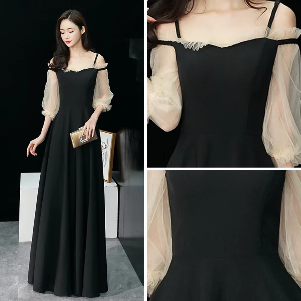 Élégant Noire Robe De Soirée 2019 Princesse Bretelles Spaghetti Gonflée 3/4 Manches Longue Volants Dos Nu Robe De Ceremonie