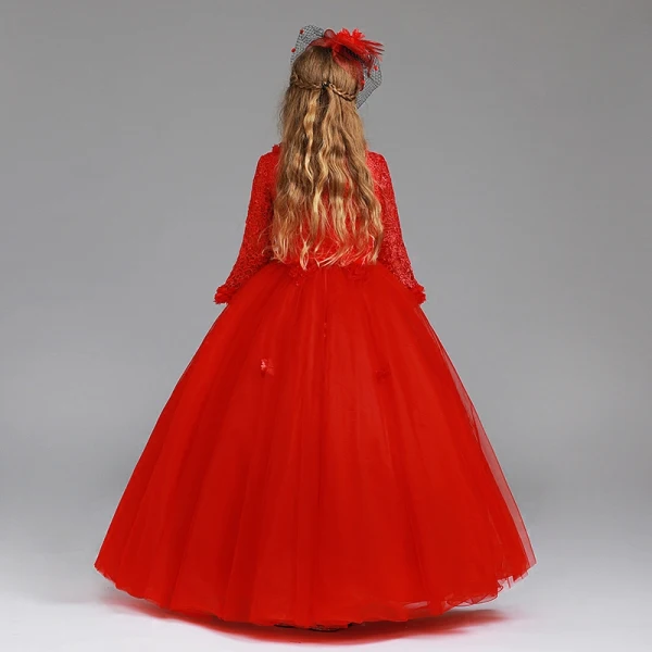 Chic / Beautiful Red Flower Girl Dresses 2017 Ball Gown V-Neck Long Sleeve Appliques Lace Floor-Length / Long Wedding Party Dresses