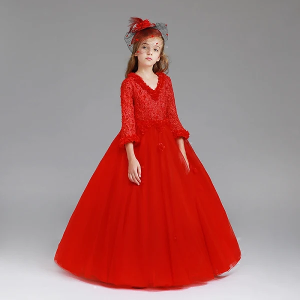 Chic / Beautiful Red Flower Girl Dresses 2017 Ball Gown V-Neck Long Sleeve Appliques Lace Floor-Length / Long Wedding Party Dresses