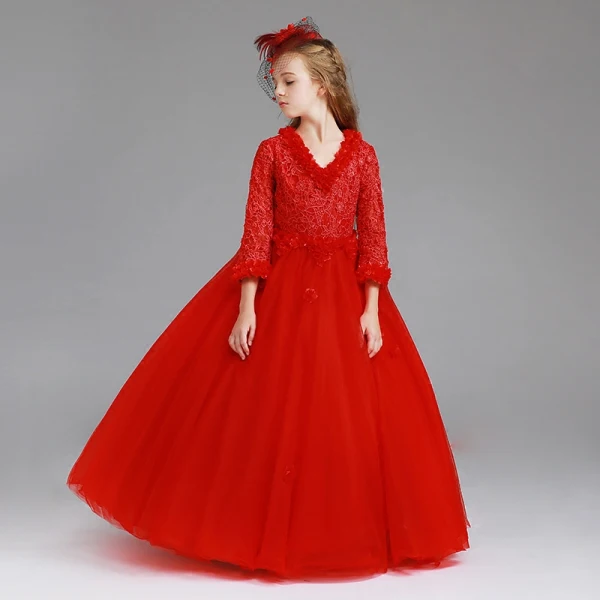 Chic / Beautiful Red Flower Girl Dresses 2017 Ball Gown V-Neck Long Sleeve Appliques Lace Floor-Length / Long Wedding Party Dresses
