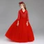 Chic / Beautiful Red Flower Girl Dresses 2017 Ball Gown V-Neck Long Sleeve Appliques Lace Floor-Length / Long Wedding Party Dresses
