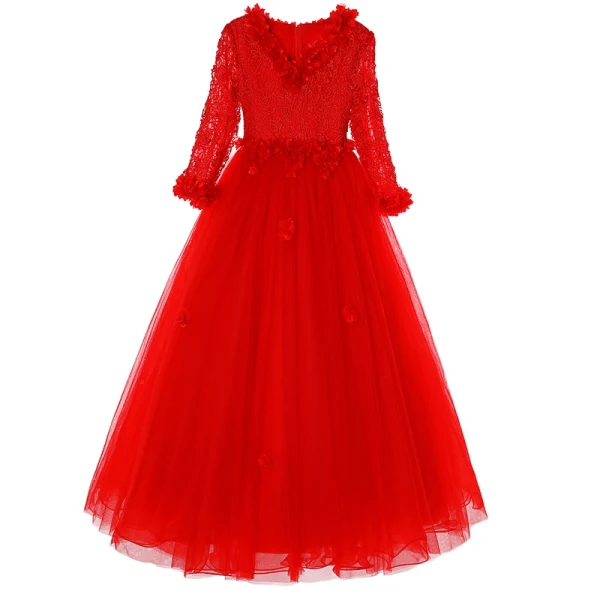 Chic / Beautiful Red Flower Girl Dresses 2017 Ball Gown V-Neck Long Sleeve Appliques Lace Floor-Length / Long Wedding Party Dresses