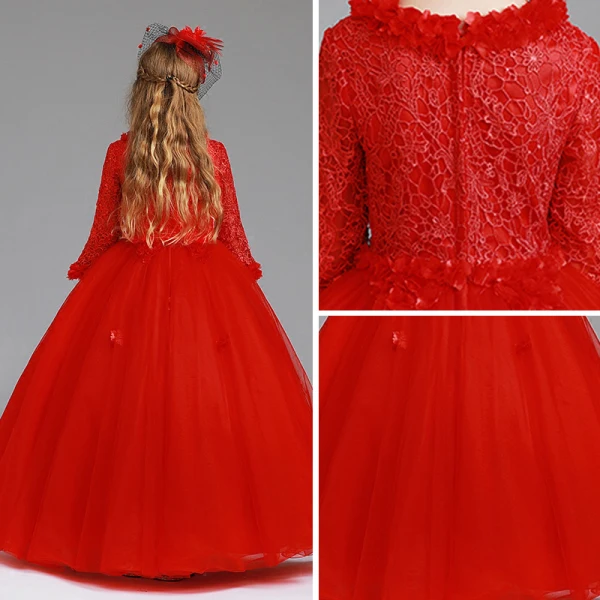 Chic / Beautiful Red Flower Girl Dresses 2017 Ball Gown V-Neck Long Sleeve Appliques Lace Floor-Length / Long Wedding Party Dresses