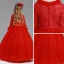 Chic / Beautiful Red Flower Girl Dresses 2017 Ball Gown V-Neck Long Sleeve Appliques Lace Floor-Length / Long Wedding Party Dresses