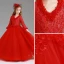 Chic / Beautiful Red Flower Girl Dresses 2017 Ball Gown V-Neck Long Sleeve Appliques Lace Floor-Length / Long Wedding Party Dresses