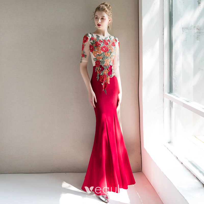 Chinese style Red See through Evening Dresses 2019 Trumpet Mermaid Scoop Neck Short Sleeve Embroidered Flower Floor Length Long Ruffle Formal Dresses