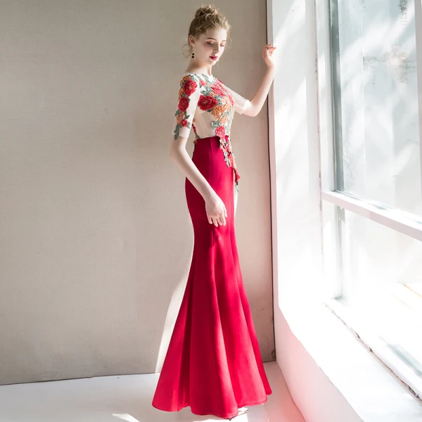 Chinese style Red See-through Evening Dresses 2019 Trumpet / Mermaid Scoop Neck Short Sleeve Embroidered Flower Floor-Length / Long Ruffle Formal Dresses
